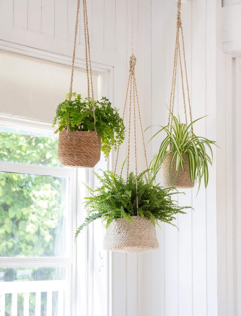 Pots de plantes suspendus Corde de plantes d'intérieur en jute suspendue au plafond de la cuisine de la chambre à coucher de la salle de bain Jardinières naturelles d'herbes aromatiques image 7