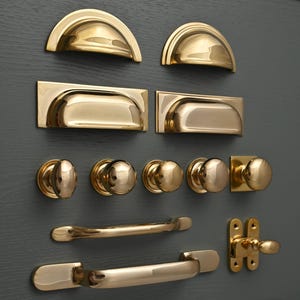 Solid Polished Brass Cupboard Handles & Knobs - Kitchen Knobs Cup Pulls Shaker Style English Solid Cast Brass Handles Quality British