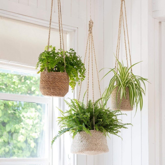 Hanging Plant Pots Jute Indoor Plants Rope Hanging Bathroom Bedroom Kitchen  Ceiling Herb Natural Planters 