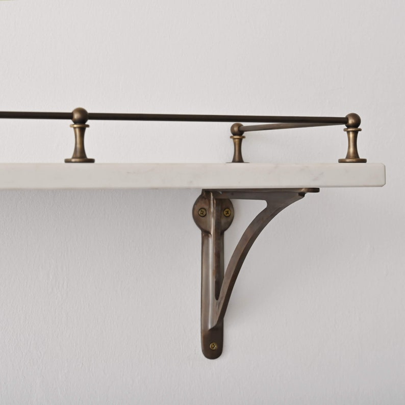 Aged Brass Gallery Fiddle Tipping Rail with Marble Shelf and Brass Shelf Brackets