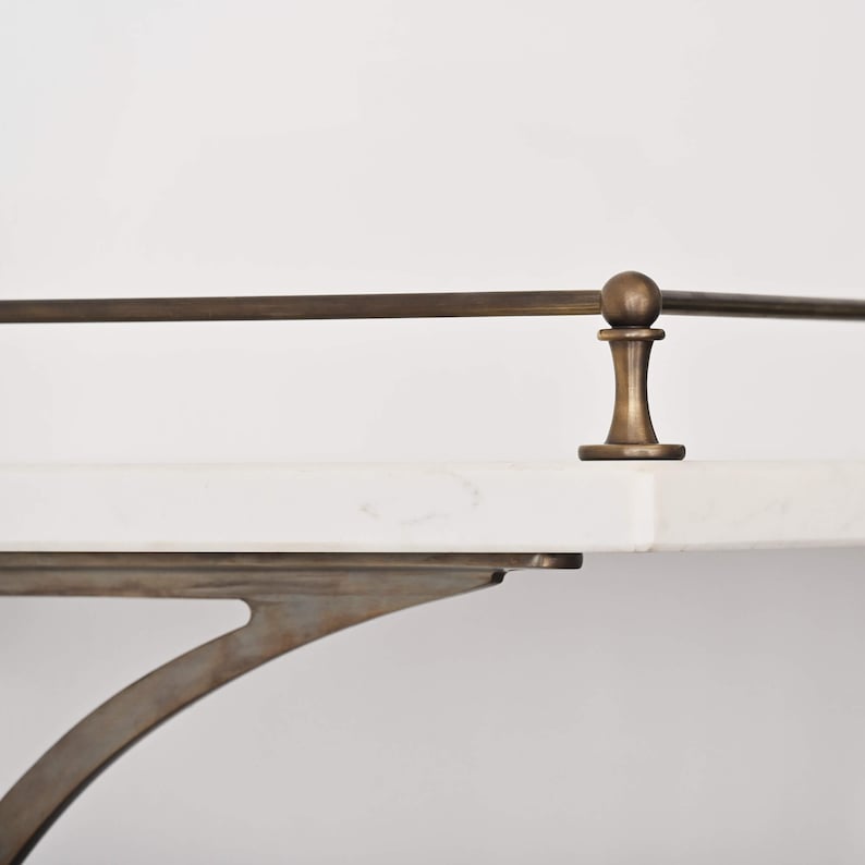 Aged Brass Gallery Fiddle Tipping Rail with Marble Shelf and Brass Shelf Brackets