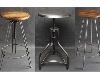 Industrial Metal & Wooden Bar Stools Seats Swivel Hairpin Legs Steel, Iron Kitchen Vintage Retro Factory Old Rusty Rustic Style Stools