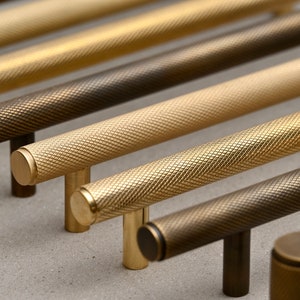 Solid Brass Knurled Pull Handles & Knobs Kitchen Cabinet Cupboard Handles Modern Polished Aged Satin Brass Finishes Heavy Quality image 2