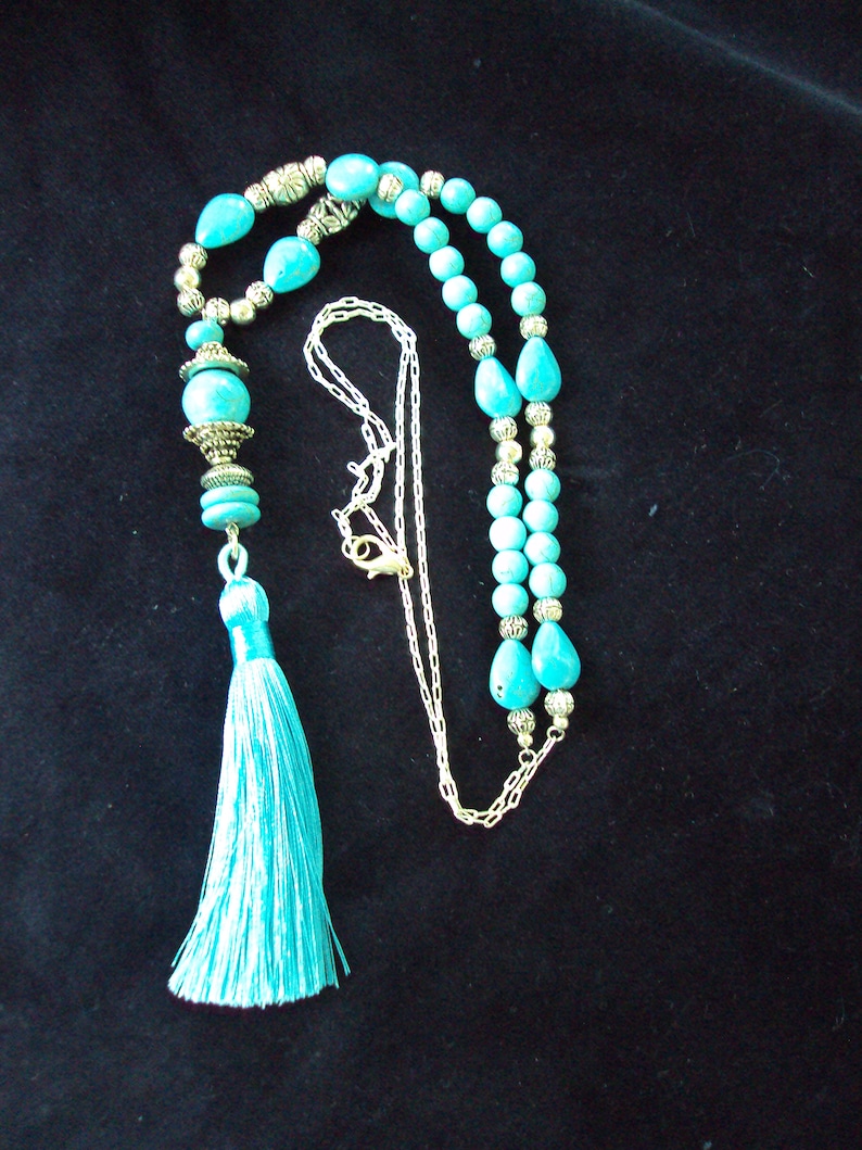 Turquoise Beaded Tassel Necklace