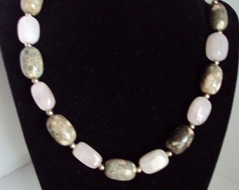 Grey Stone and Pink Quartz Necklace and Bracelet with Free Earrings - Reduced