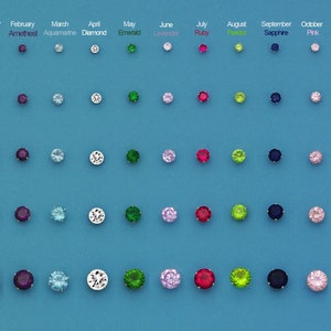 May include: A chart showing different birthstone colors for each month of the year. The stones are arranged in rows by size, from 3mm to 8mm. The stones are set in silver and are displayed on a blue background.