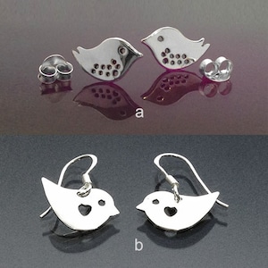 925 Solid Sterling Silver Blue Bird Earrings-Dangle Earrings-Stud Earrings-Small Bird Dangling Earrings-Sparrow with heart Earrings