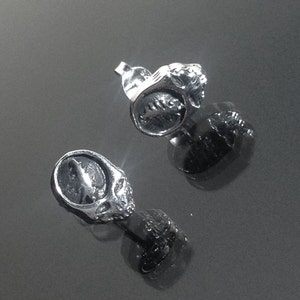 May include: A pair of silver earrings with a wolf head design. The wolf is facing forward with its mouth open and its eyes closed. The earrings are made of a smooth, shiny metal.