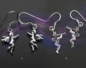 925 Solid Sterling Silver ANGEL Earrings /Cupid Earrings  / Religious Jewelry- Small- Oxidized- Dangle