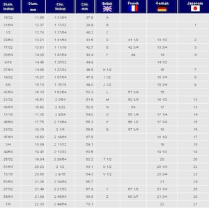 May include: Ring size conversion chart with US, British, French, German, Japanese, and Swiss sizes. Includes measurements in inches and millimeters, with corresponding circumference in inches and millimeters.