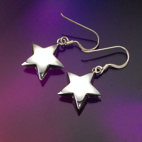 925 Solid Sterling Silver STAR Earrings-Star Dangle Earrings-Polished