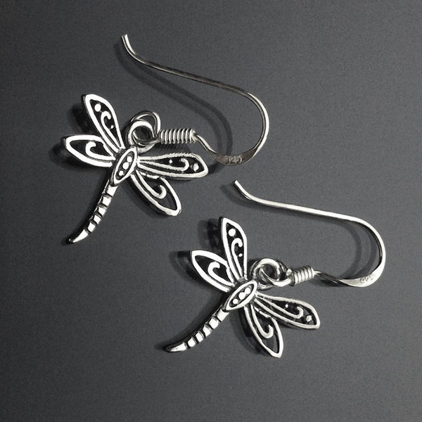 925 /Oxidized/Darkened/Dragonfly sólida prata libélula Earrings(#3)/Dangling jóias de prata jóias/fino