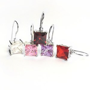 Sterling Silver Hook SQUARE Stone Earrings-Created White Aapphire/Pink Tourmaline/Garnet/Alexandrite/Created Ruby-Selling by One Pair