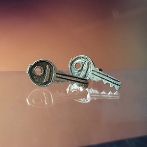 925 Solid Sterling Silver KEY Earrings- Small- Oxidized- Studs/Tools Earrings
