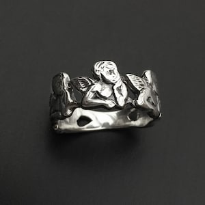 Anello ANGELO in argento sterling massiccio 925 - Anello con tre angeli in argento - Anello con angioletto - Ossidato