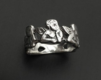925 Solid Sterling Silver ANGEL Ring-Silver Three Angel Ring-Baby Angel Ring-Oxidized