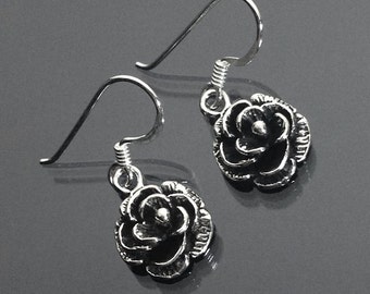 925 Solid Sterling Silver ROSE Earrings / Nature Jewelry / Flower Jewelry - Oxidized Dangling/ Hook