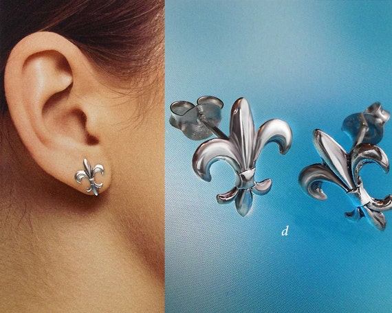 Boucles D'Oreilles En Argent Massif - Motif Lys (Fleur De Lys) - Style Vintage Roi De France - Occasion