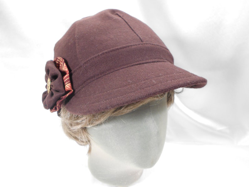 Mahogany Red Rosette Wool Women\u2019s Newsboy Cap Hat adjustable warm handmaid woman hat rose button motif