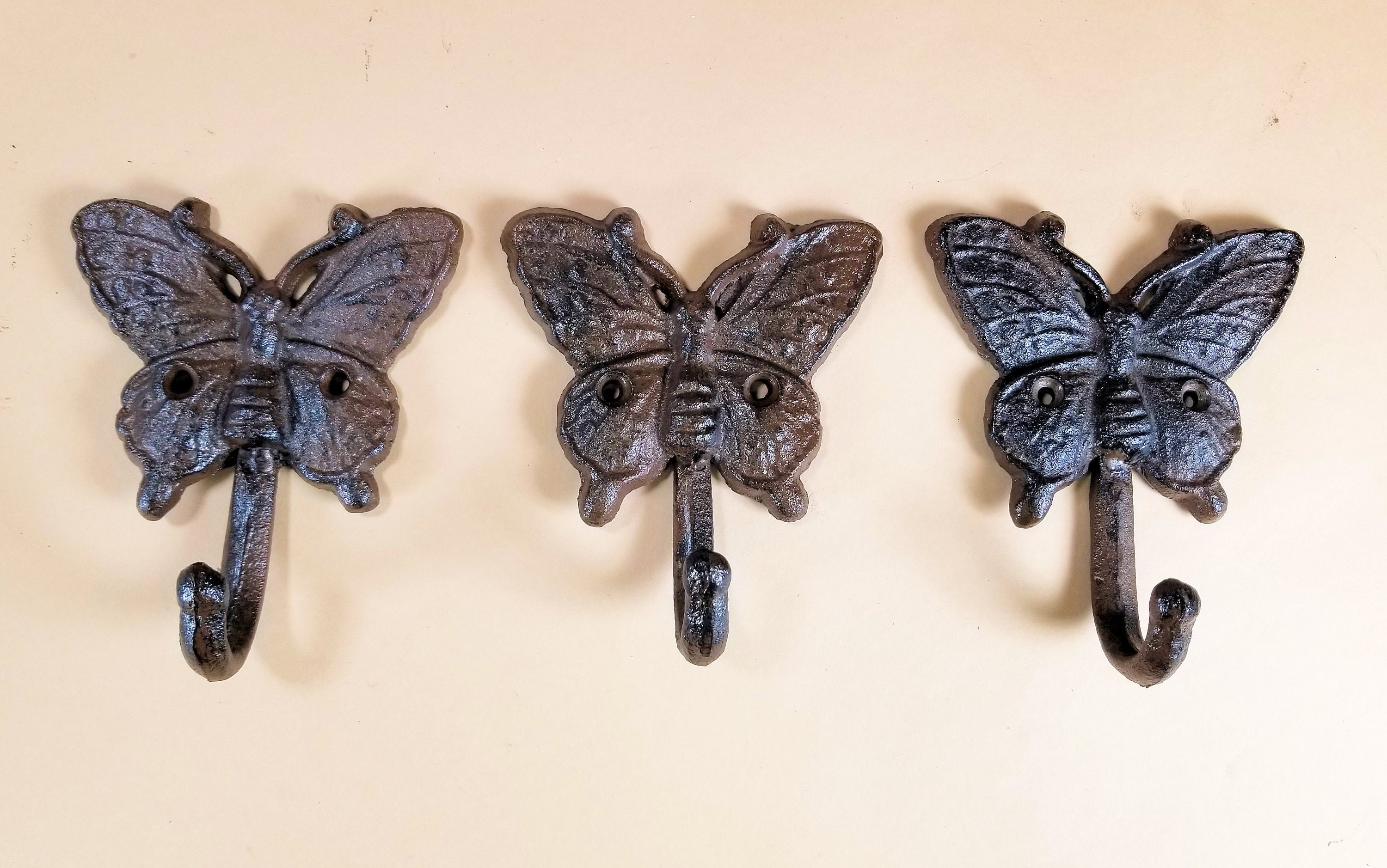 3 Pc Butterfly Wall Hooks Cast Iron Rustic Brownfinish Etsy