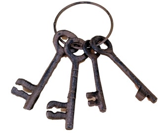 Set of 4 CAST IRON JAIL Keys House RUSTIC WESTERN Prison Key Ring Lock SKELETON
