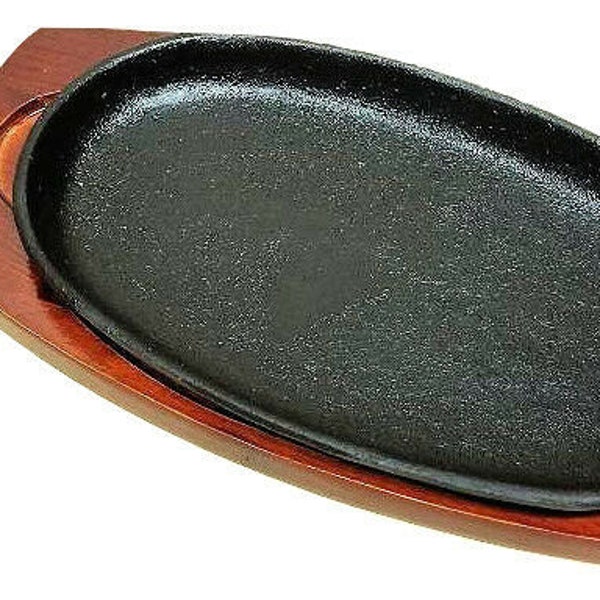 New Cast Iron Steak Fajita Sizzling Platter Plate w/ wooden holder Japanese