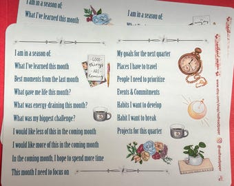 Monthly/Quarterly Review Prompt stickers for planners and dot journals | Reflections | Journal prompts