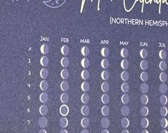 May include: A dark blue moon calendar for the Northern Hemisphere featuring white text and a grid of moon phase icons. The calendar displays months from January to July and numbered days, with a crescent moon and star graphic at the top left.