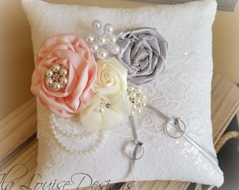 White Sequin Ring Bearer Pillow, White Ring Bearer Pillow, White and Blush Pink Pillow, Floral Ring Bearer Pillow