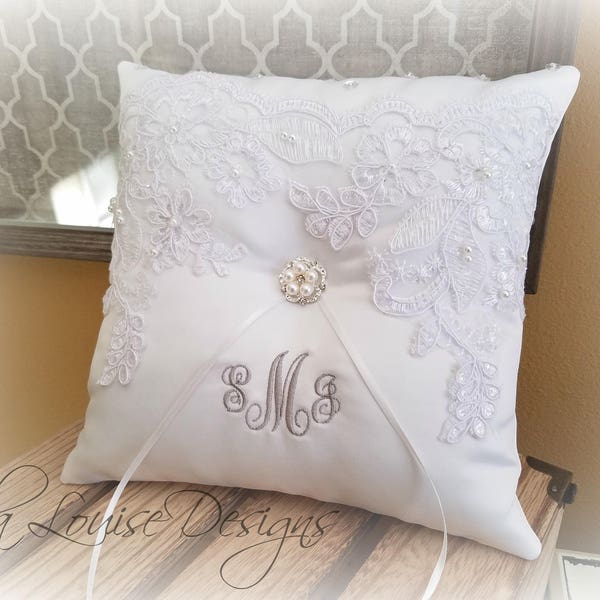 Alencon Lace Ring Bearer Pillow, Ring Bearer Pillow, Monogrammed Ring Bearer Pillow, Personalized Ring Bearer Pillow, Ivory Pillow