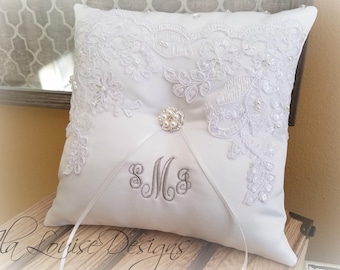 Alencon Lace Ring Bearer Pillow, Ring Bearer Pillow, Monogrammed Ring Bearer Pillow, Personalized Ring Bearer Pillow, Ivory Pillow