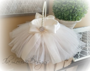 Flower Girl Basket, Tulle Flower Girl Basket, Ivory Flower Girl Basket, Satin Flower Girl Basket, White Flower Basket, Aqua Flower Basket