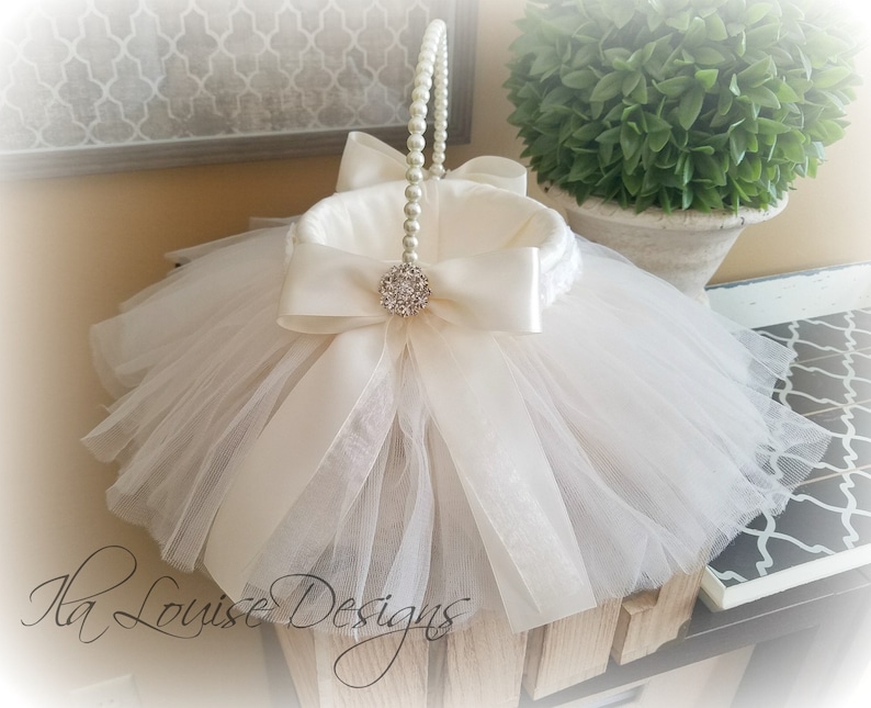 Flower Girl Basket Tulle Flower Girl Basket Ivory Flower Etsy