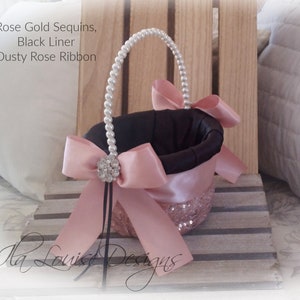 Rose Gold  Sequined Flower Girl Basket, Flower Girl Basket, Pink Flower Girl Basket