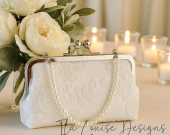 White Bridal Clutch, White Satin Bridal Clutch, White Bridal Purse, Lace Purse