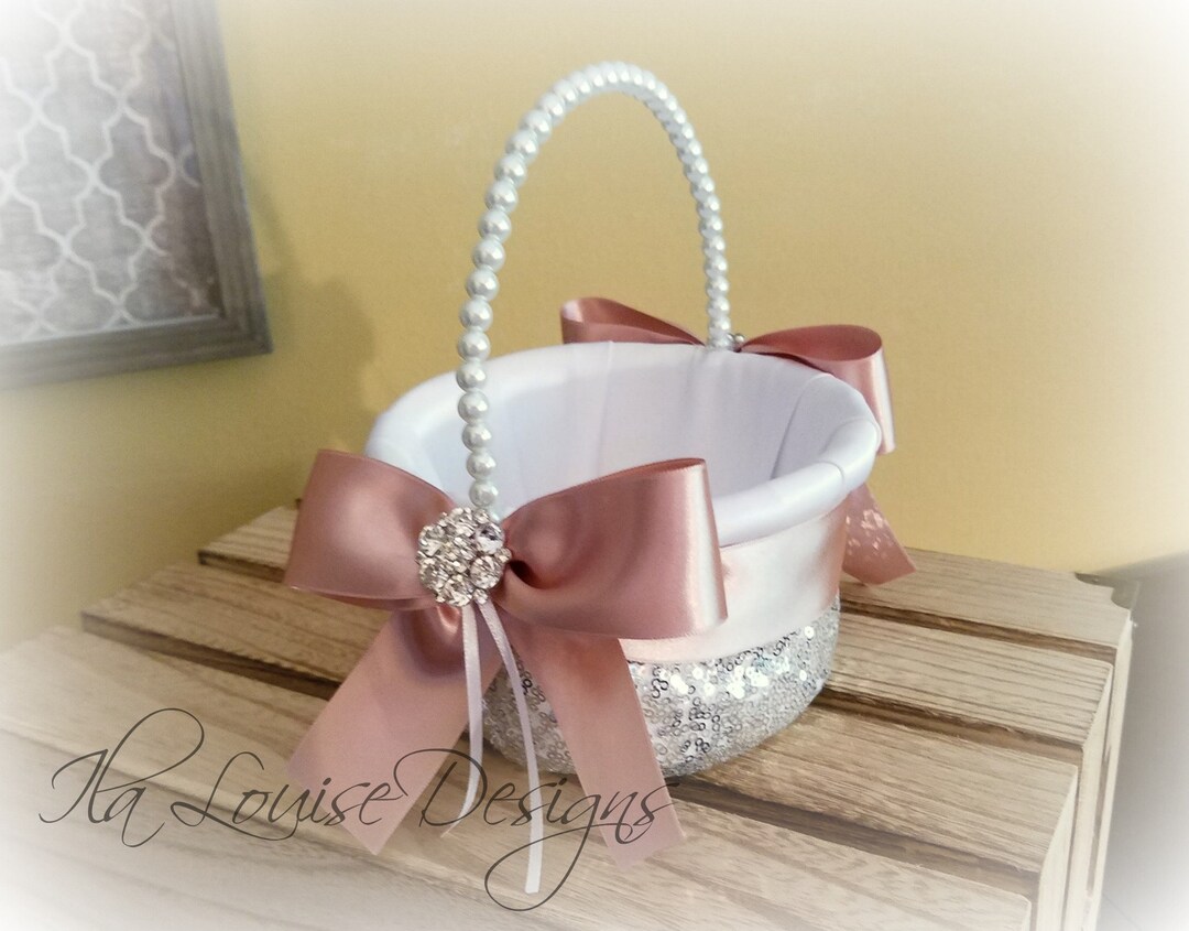 Flower Girl Basket, Silver Sequined Flower Girl Basket, Silver Flower