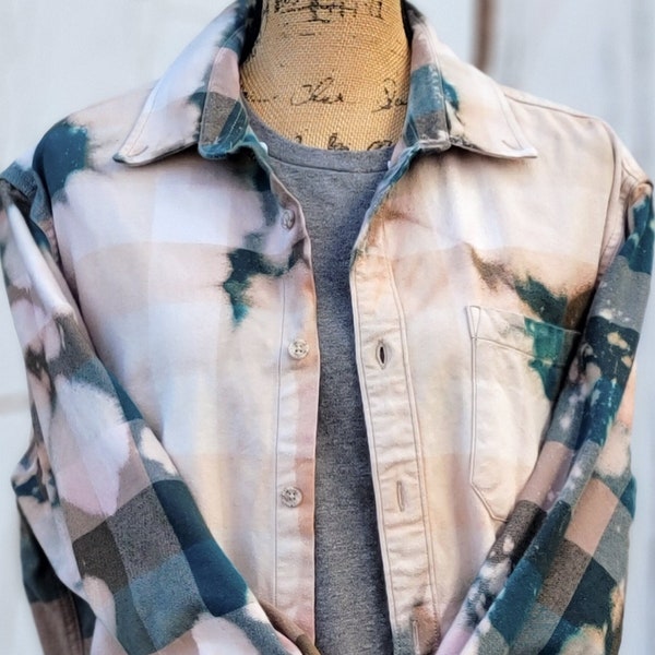 Bleached Flannel, Vintage Flannel, Distressed Shirt, Upcycled Shirt, Oversized Flannel, Tie Dyed, Green Flannel, Hombre Shirt, Boho Top