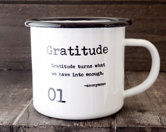 Gratitude Mug, Campfire Mug, Metal Mug, Camping Gift, Camp Mug, Enamel Mug, Coffee Cup, Quote Mug, Graphic Mug, Intention Quote, Good Vibes