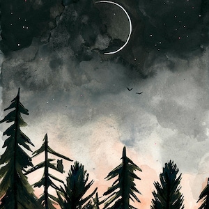 May include: A watercolor painting of a crescent moon in a dark night sky with stars.  The moon is partially obscured by clouds.  Silhouettes of pine trees are in the foreground.