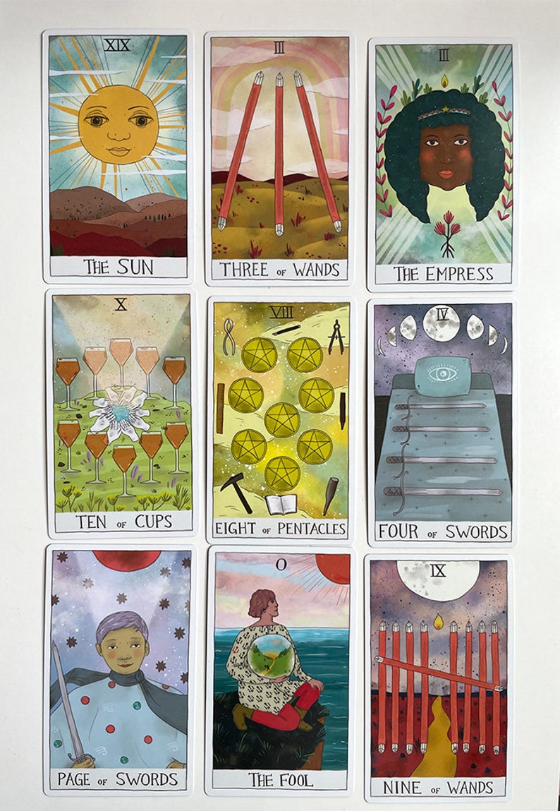 May include: A set of nine tarot cards with colorful illustrations. The cards include The Sun, Three of Wands, The Empress, Ten of Cups, Eight of Pentacles, Four of Swords, Page of Swords, The Fool, and Nine of Wands.