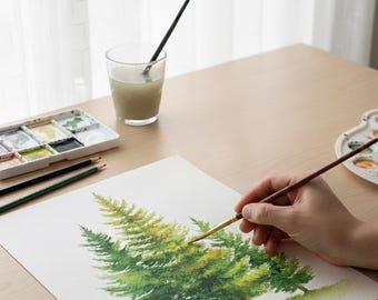 Kit para aprender a pintar árboles con acuarelas para principiantes. Kit de práctica de acuarela con árbol predibujado. Regalo para aprender arte para adultos. Papel de acuarela impreso.