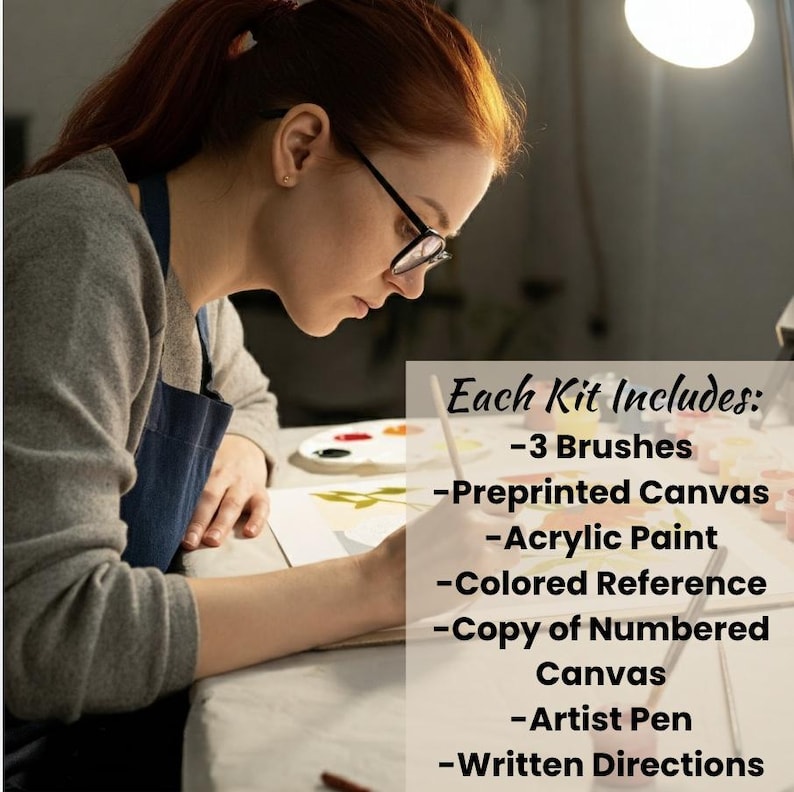 May include: A person paints on a preprinted canvas with paintbrushes. The image includes text that reads "Each Kit Includes: -3 Brushes -Preprinted Canvas -Acrylic Paint -Colored Reference -Copy of Numbered Canvas -Artist Pen -Written Directions".