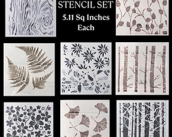 May include: An 8-piece stencil set featuring various nature-themed designs, including wood grain, leaves, flowers, and trees. Each stencil measures 5.11 square inches. The stencils are in shades of brown and black, perfect for crafting and DIY projects.