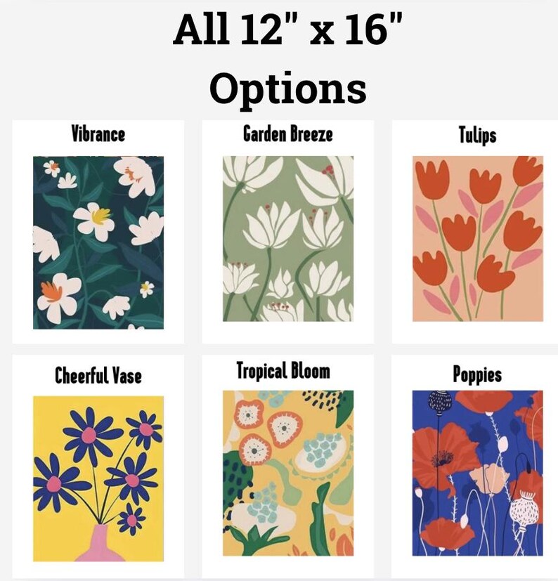 May include: Six different floral print designs for 12" x 16" prints. The designs include: Vibrance, Garden Breeze, Tulips, Cheerful Vase, Tropical Bloom, and Poppies.