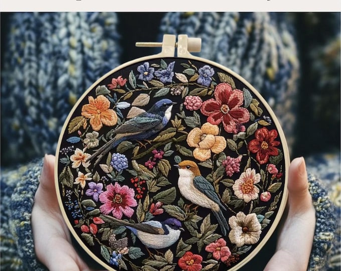 Easy Bird Art Kit Beginner Embroidery Kit All Levels Floral Flower Pattern-Pre Print Fabric-embroidery kit beginner-Hoop art-DIY Craft Gift