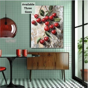 Lienzo decorativo con cerezas para pared, decoración de cocina, pintura de cerezas, decoración de pared moderna para comedor, naturaleza muerta con cerezas, obras de arte en lienzo con cerezas
