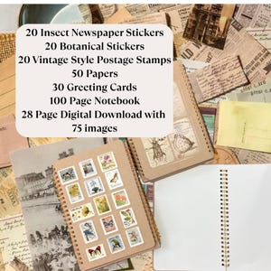 Junk Journal Starter Kit Vintage Journal Ephemera Bundle 200+ Items journaling supplies crafts Vintage paper ephemera scrapbooking stickers