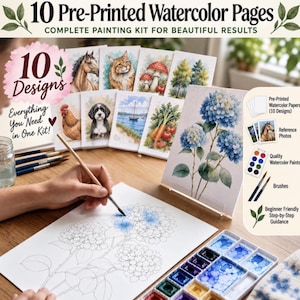 May include: A watercolor painting kit featuring 10 pre-printed pages with various designs including a horse, cat, mushrooms, trees, chicken, dog, sailboat, vegetables, and blue hydrangeas, along with watercolor paints, brushes, and instructions.