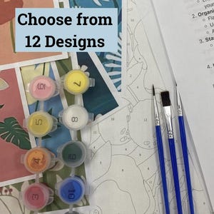 May include: A paint by numbers kit with 12 different paint colors in small containers. The colors are numbered 1 through 12. The kit also includes three paintbrushes. The image shows the text "Choose from 12 Designs".