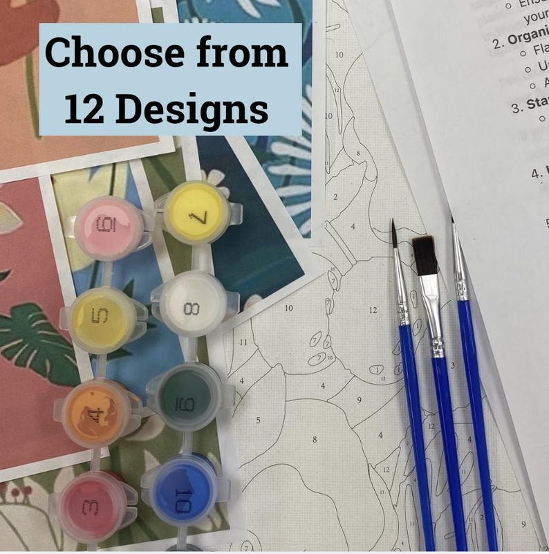 May include: A paint by numbers kit with 12 different paint colors in small containers. The colors are numbered 1 through 12. The kit also includes three paintbrushes. The image shows the text "Choose from 12 Designs".